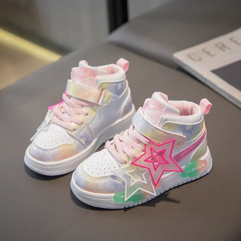 Girls Sneakers with Stars Color Matching Non-slip Fashion Children Princess High-top Sport Shoes Kids Casual Running Shoes