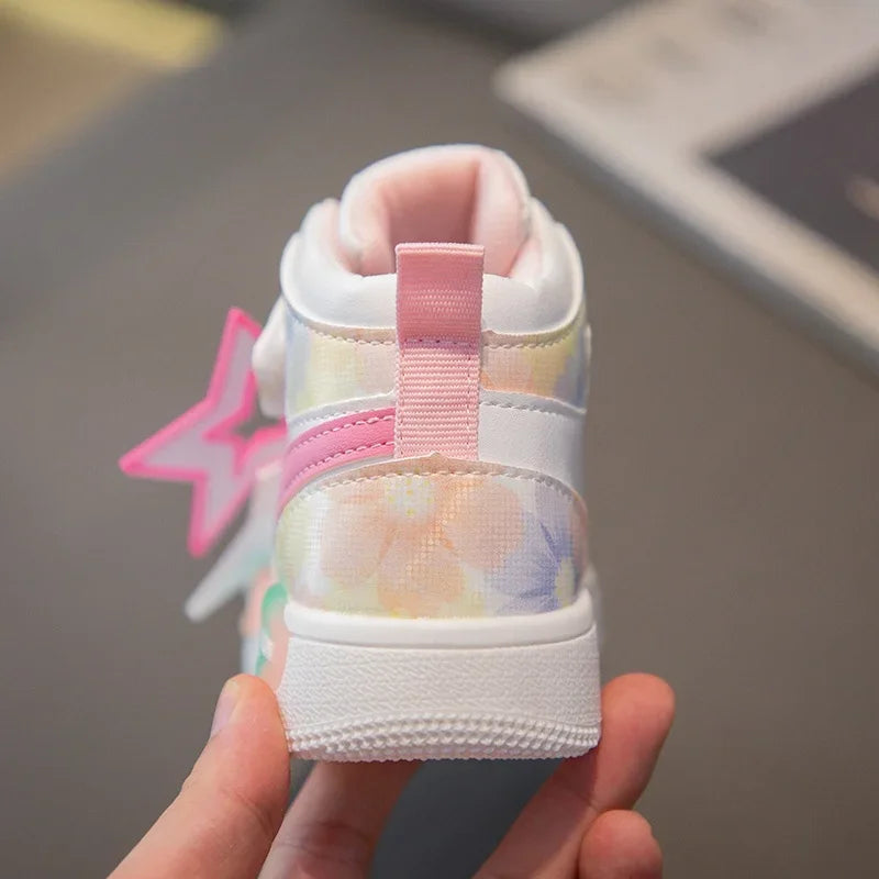 Girls Sneakers with Stars Color Matching Non-slip Fashion Children Princess High-top Sport Shoes Kids Casual Running Shoes