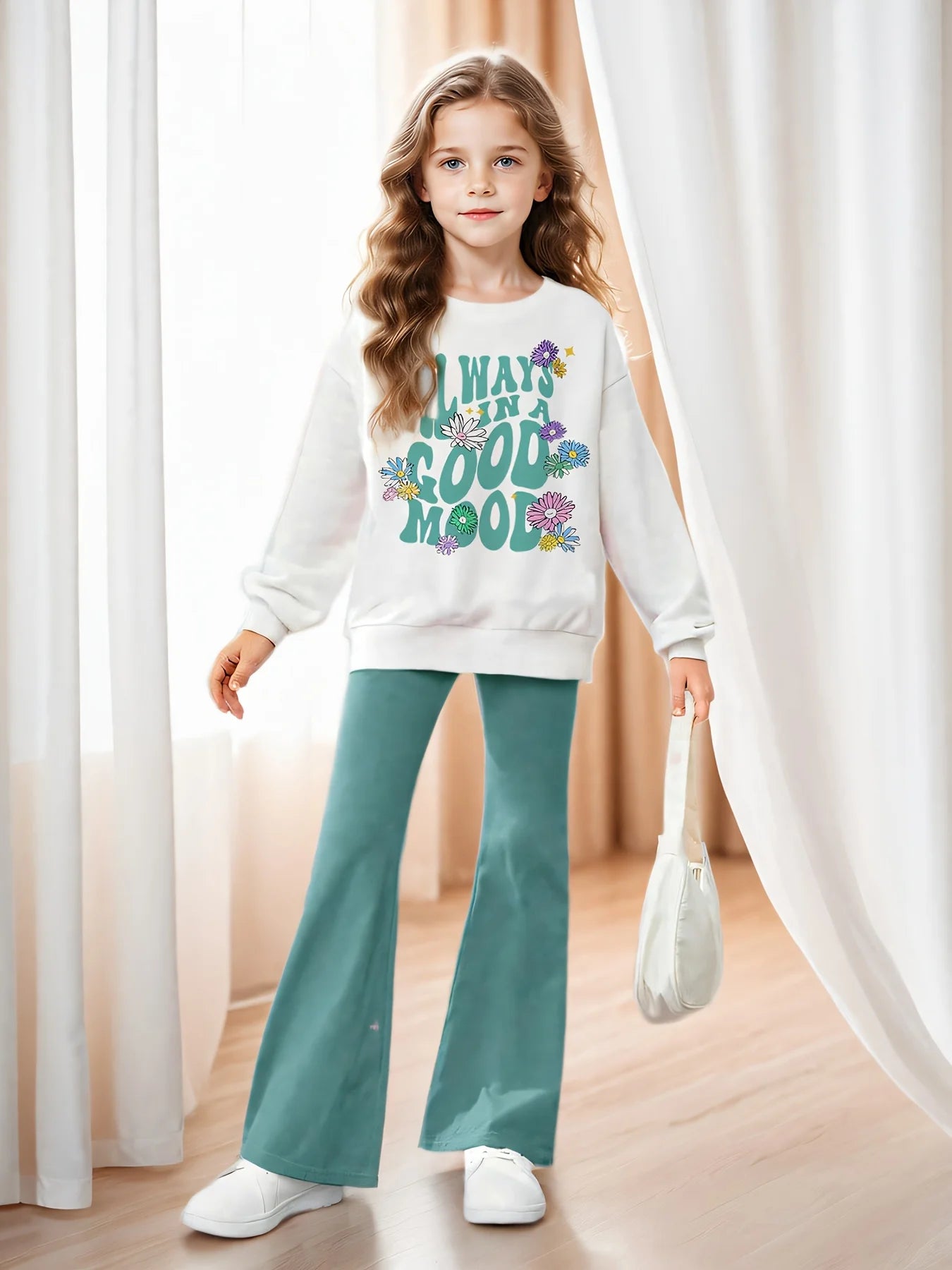 Children's Clothing for Girls with Floral and English Patterns, Off-Shoulder Pullover and Flared Pants Two-Piece Set, Blue-Green Pants, Comfortable and Versatile Set