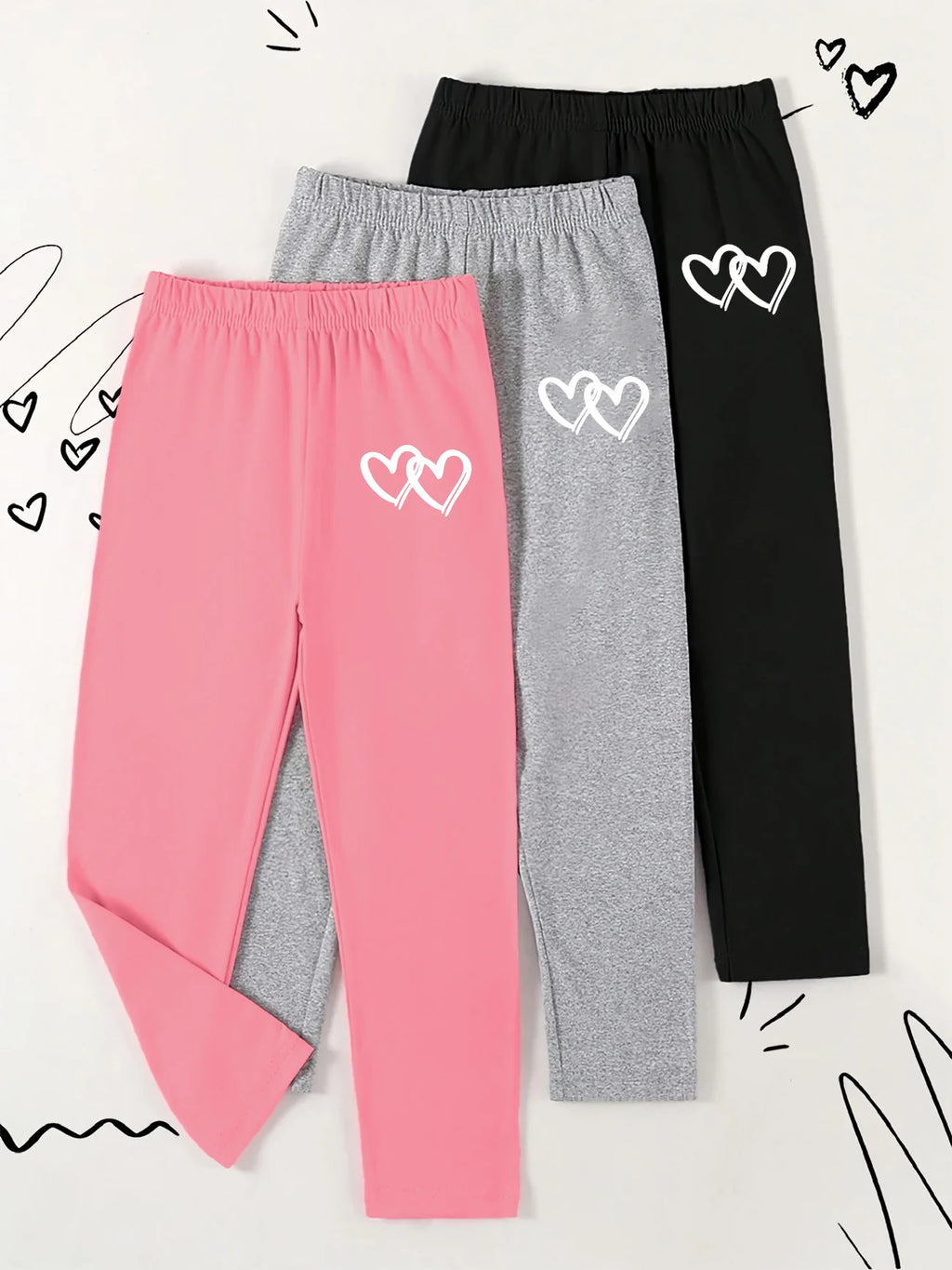 A 3-Piece Set Of Multi-Color Casual And Fashionable Leggings With Heart-Shaped Printed Patterns For Girls In Spring And Autumn,