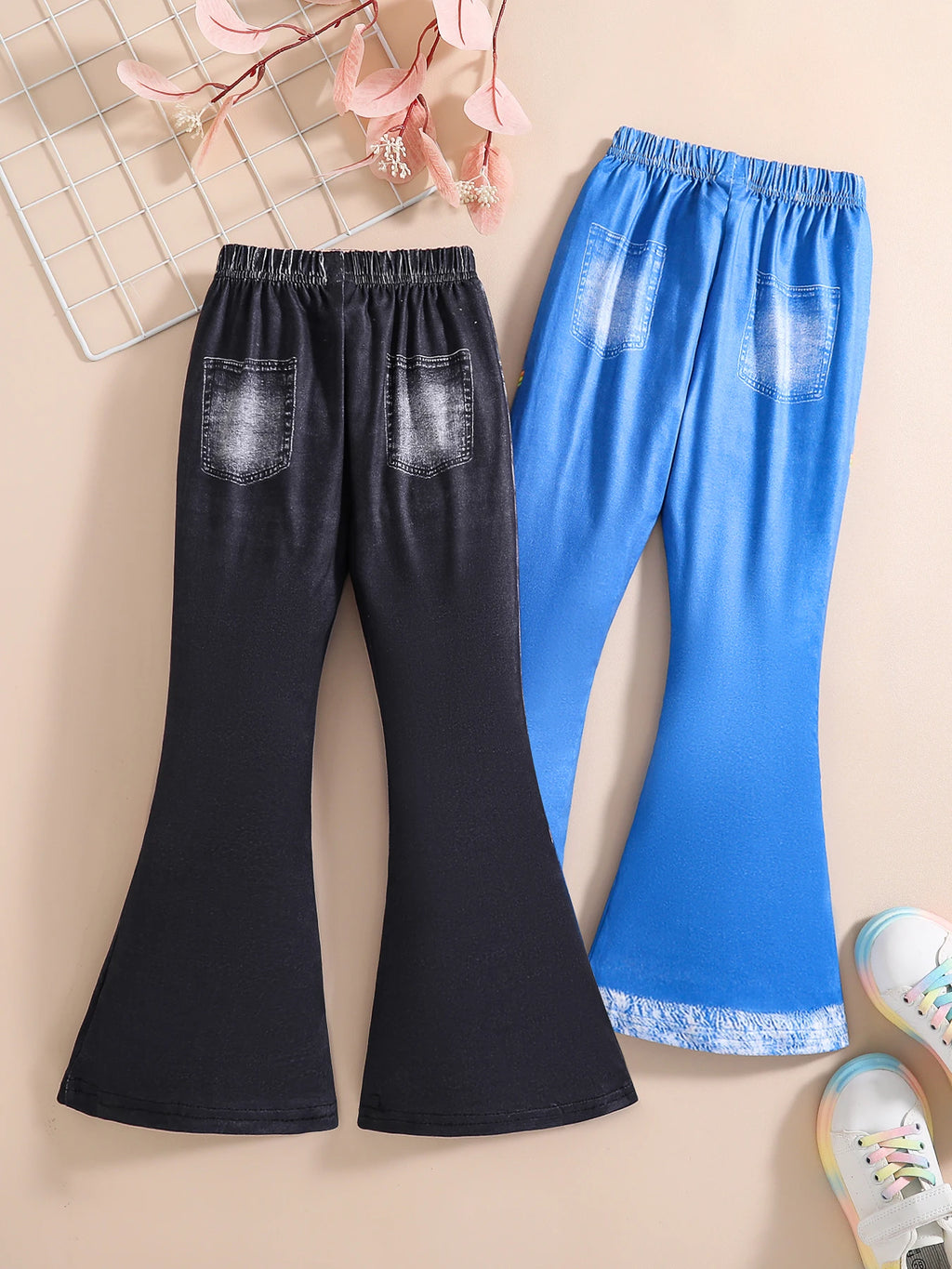 Suitable for four seasons wear girls fashion casual imitation denim bell pants cartoon print casual wide leg bell pants 2 pieces