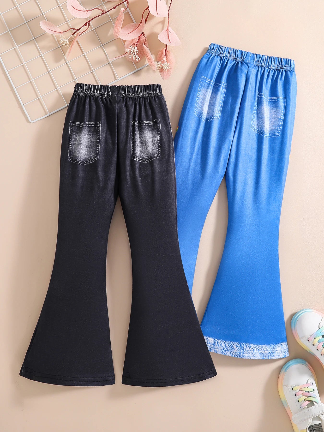 Suitable for four seasons wear girls fashion casual imitation denim bell pants cartoon print casual wide leg bell pants 2 pieces