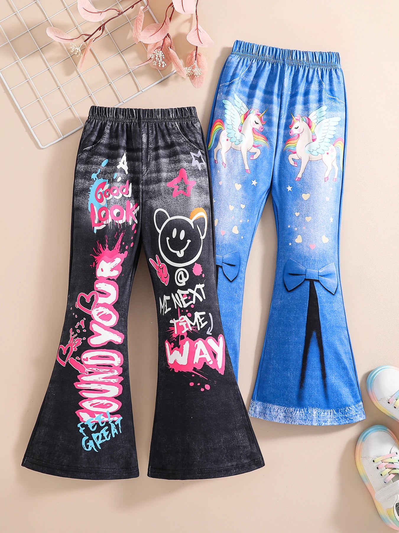 Suitable for four seasons wear girls fashion casual imitation denim bell pants cartoon print casual wide leg bell pants 2 pieces
