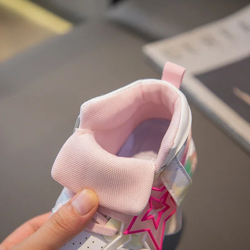 Girls Sneakers with Stars Color Matching Non-slip Fashion Children Princess High-top Sport Shoes Kids Casual Running Shoes