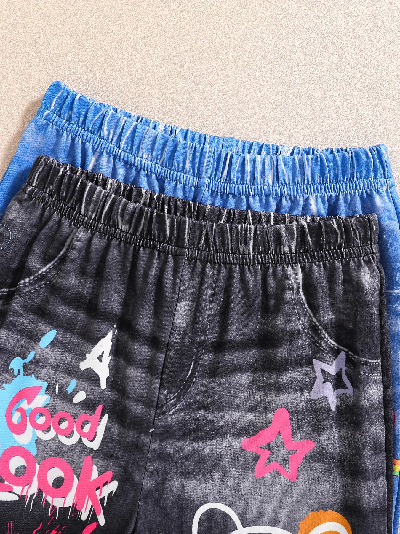 Suitable for four seasons wear girls fashion casual imitation denim bell pants cartoon print casual wide leg bell pants 2 pieces