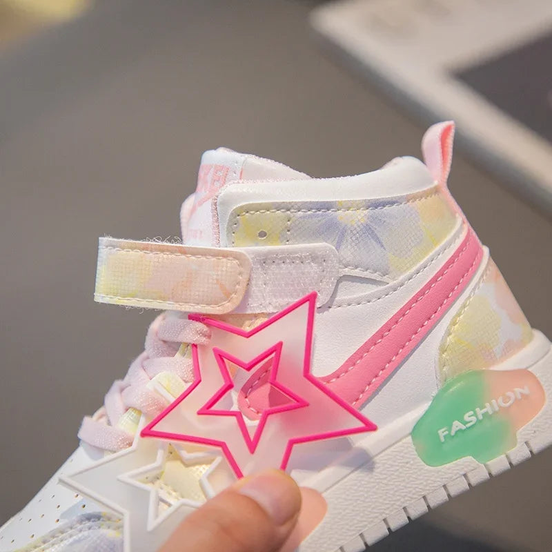 Girls Sneakers with Stars Color Matching Non-slip Fashion Children Princess High-top Sport Shoes Kids Casual Running Shoes
