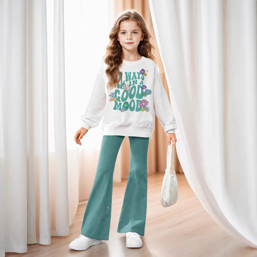 Children's Clothing for Girls with Floral and English Patterns, Off-Shoulder Pullover and Flared Pants Two-Piece Set, Blue-Green Pants, Comfortable and Versatile Set